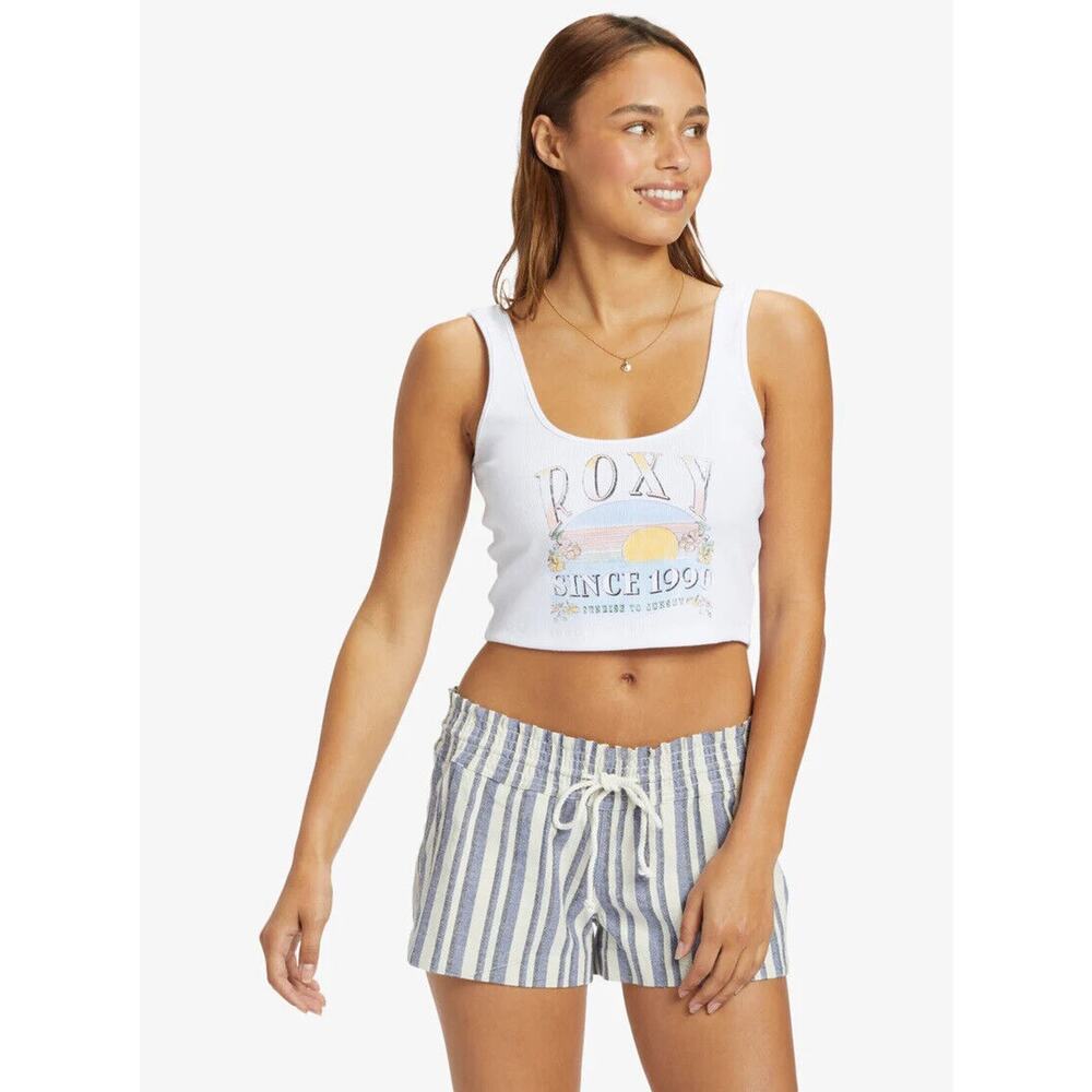 Roxy Women's Sunset to Sunset Dive Cropped Ribbed Tank Top Tee T-Shirt in White
